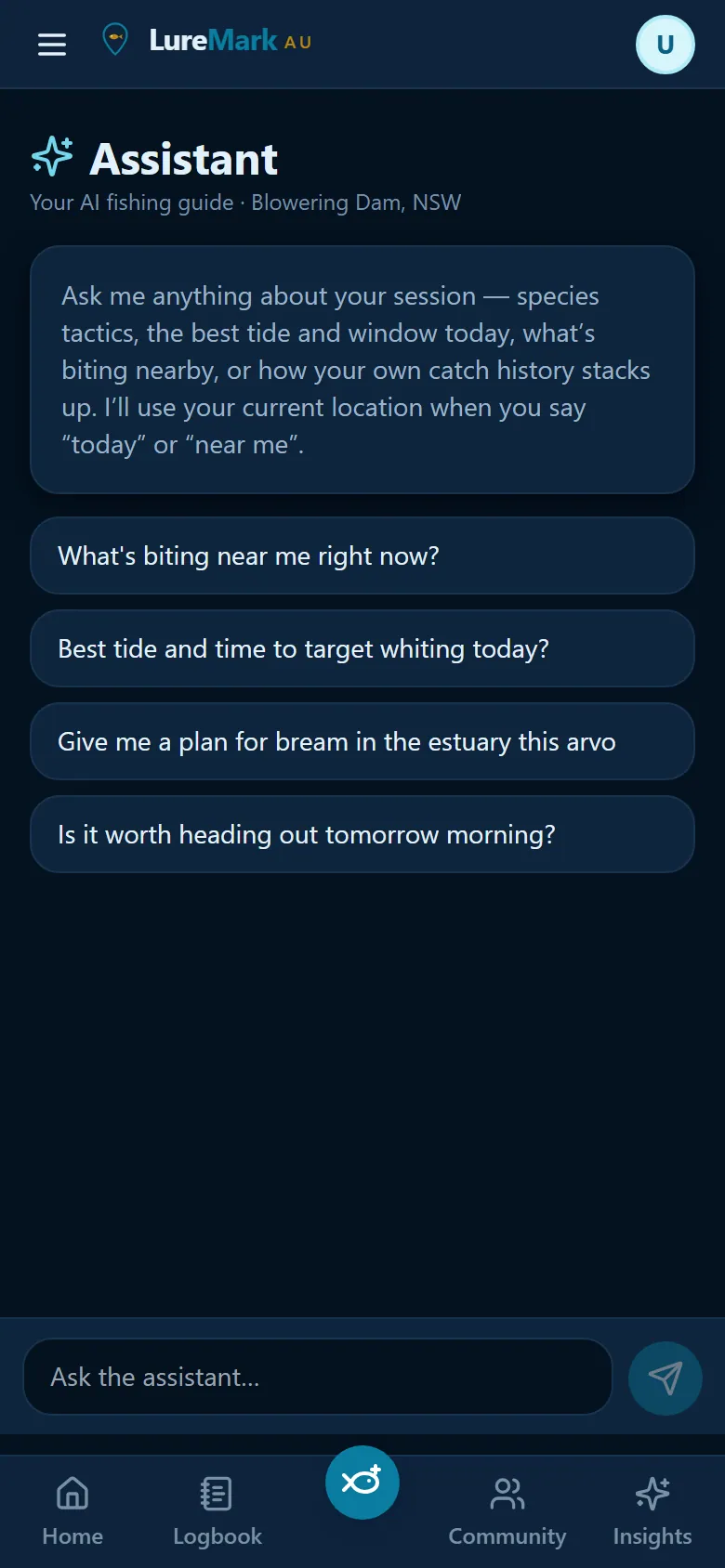 Fishing Assistant chat with suggested questions