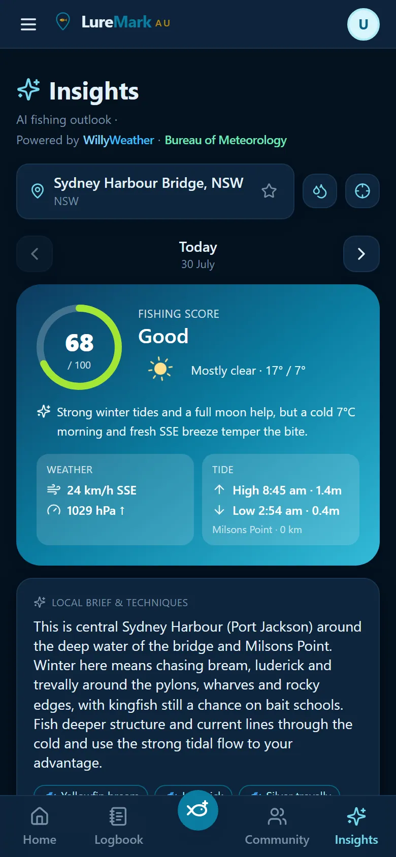 LureMark Insights: a fishing score of 68 out of 100 with the AI rationale for Sydney Harbour