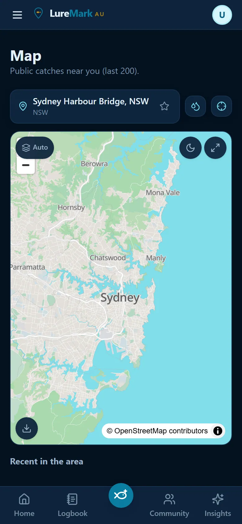 Map of public catches near Sydney with an offline download button