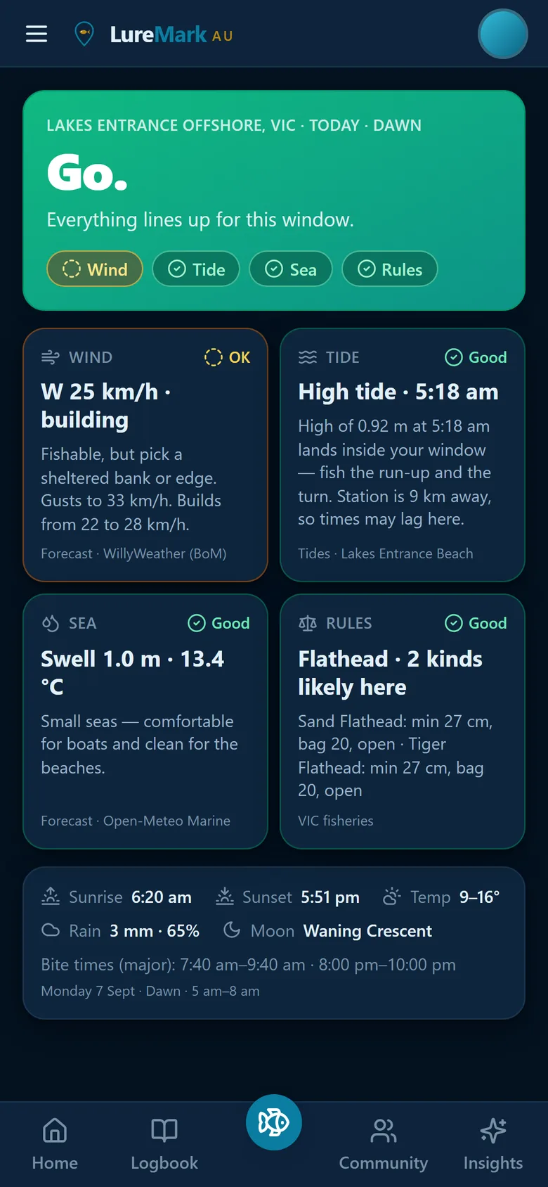 LureMark Plan a trip: a green Go verdict for Lakes Entrance offshore at dawn, with Wind, Tide, Sea and Rules checks and the flathead rules for the likely kinds