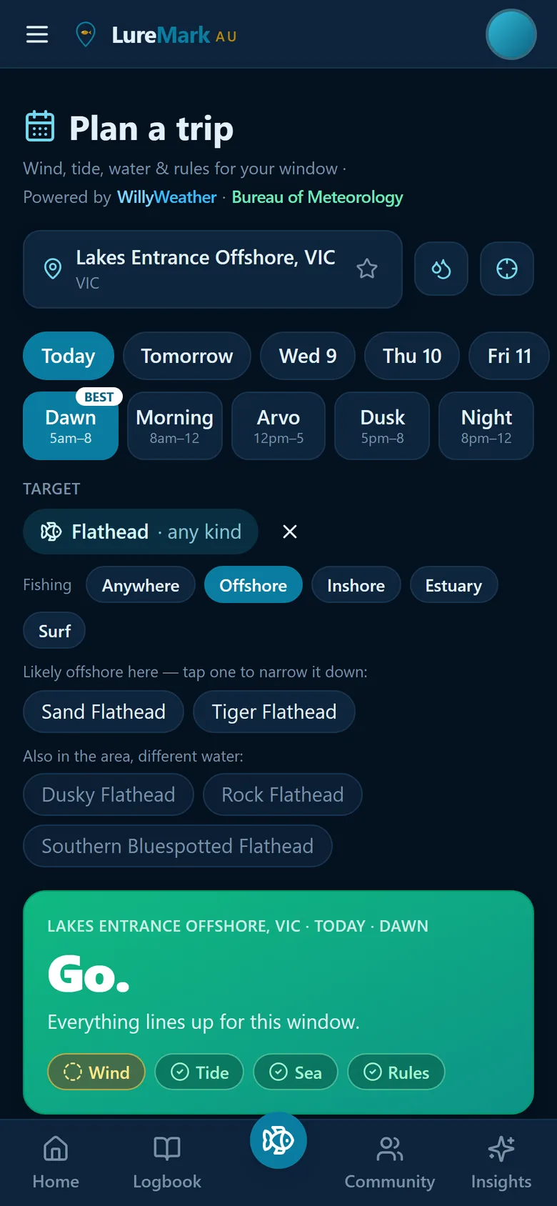 Plan a trip: Lakes Entrance offshore, today, dawn flagged as the best window, target Flathead, and the likely kinds offshore