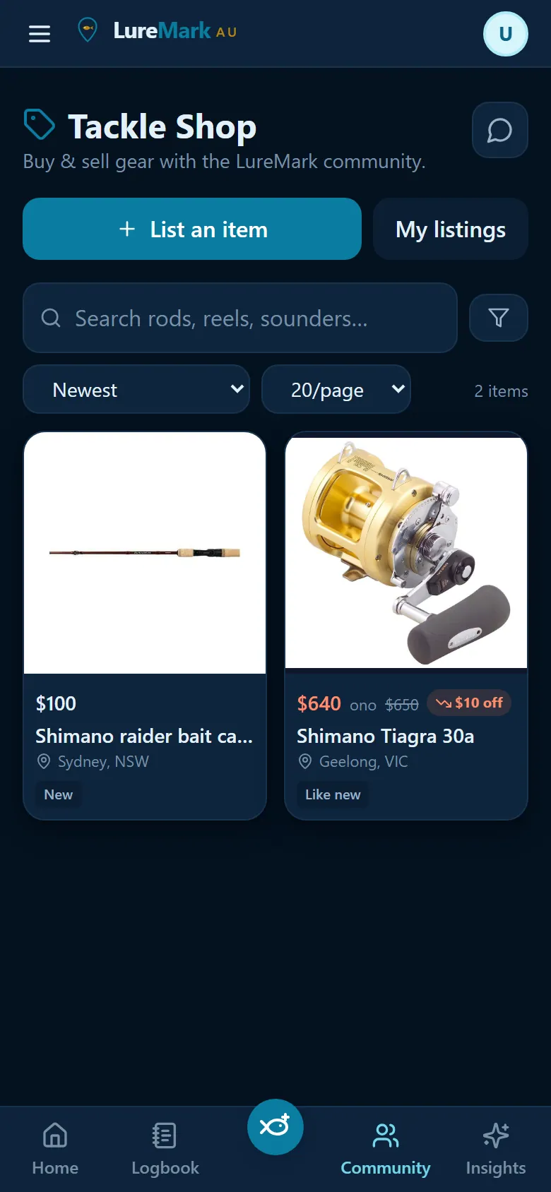 Tackle Shop listings for a Shimano rod and reel