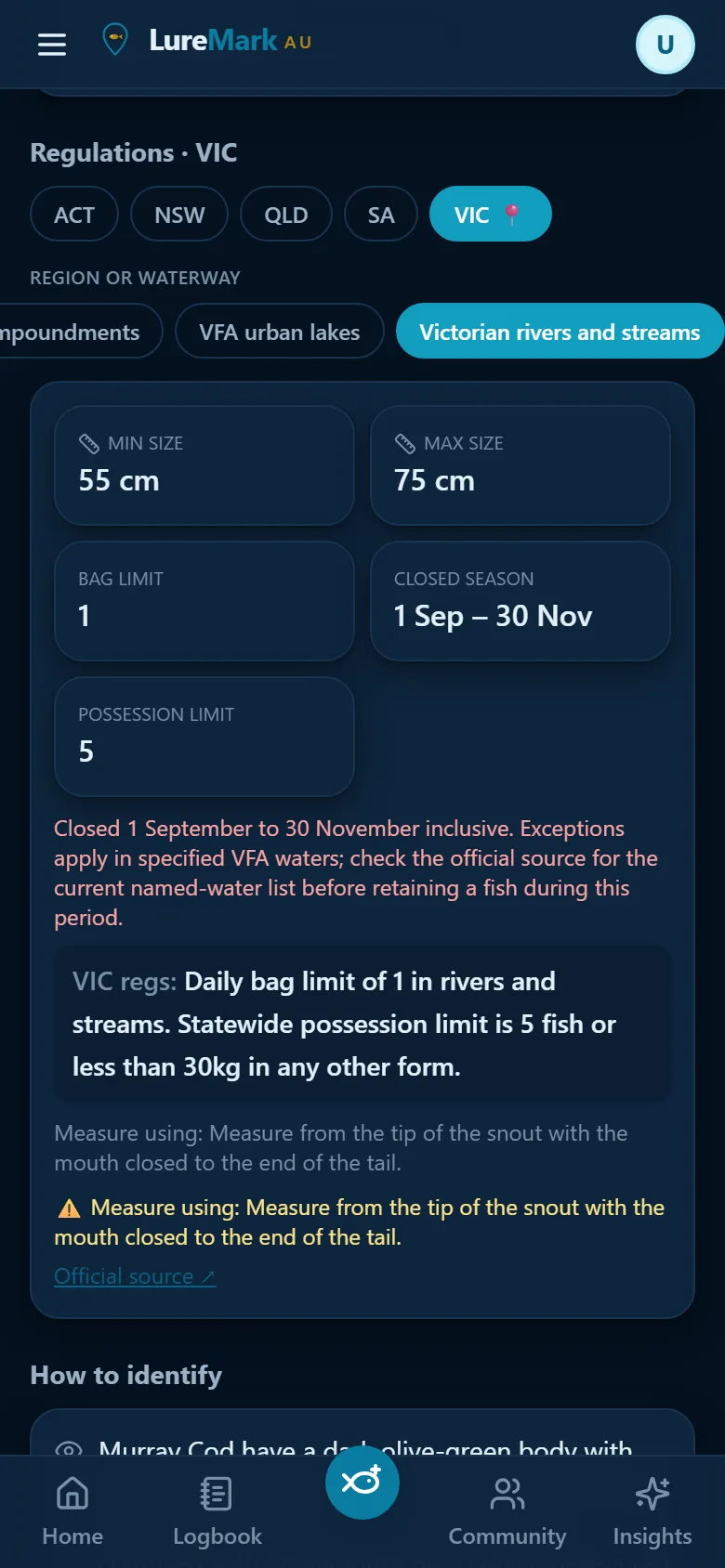 Murray Cod rules in Victoria: a 55 to 75 cm slot, bag limit 1, possession limit 5 and a 1 September to 30 November closed season, with jurisdiction and region tabs