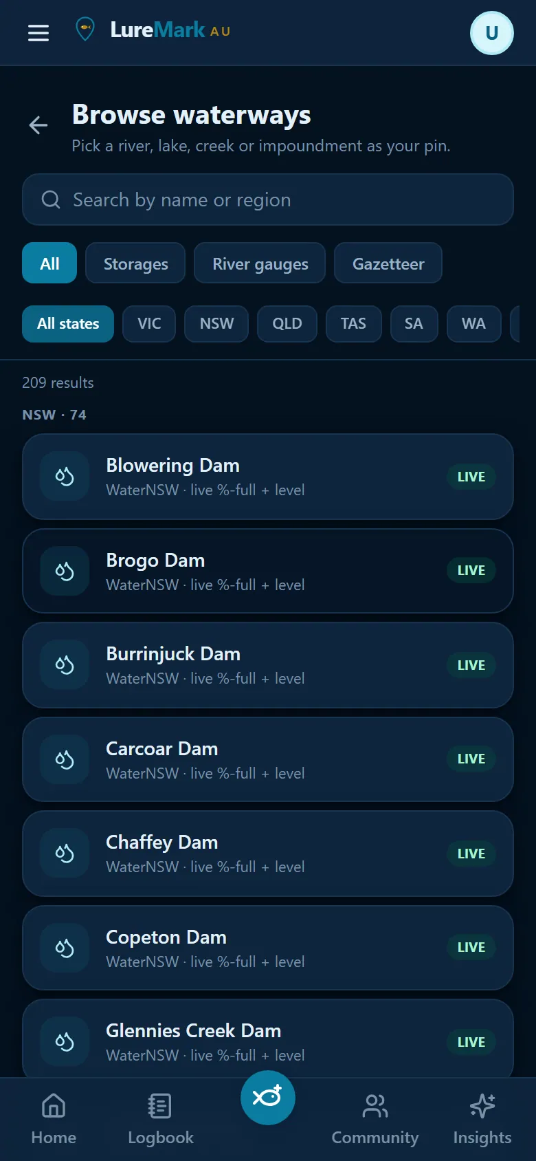 Browse waterways: 209 Australian rivers, lakes and dams with LIVE badges