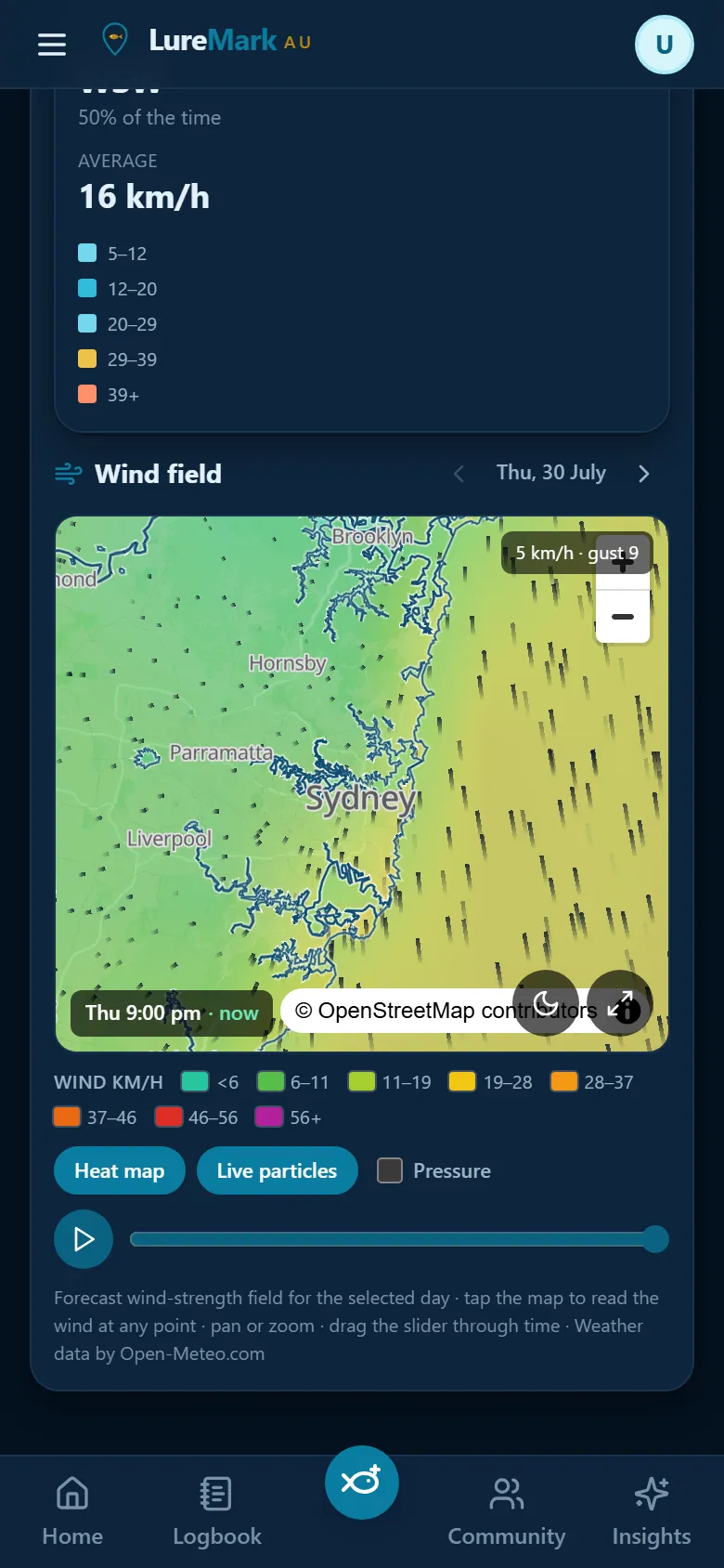 LureMark wind map: a colour wind-strength field with flow arrows over Sydney